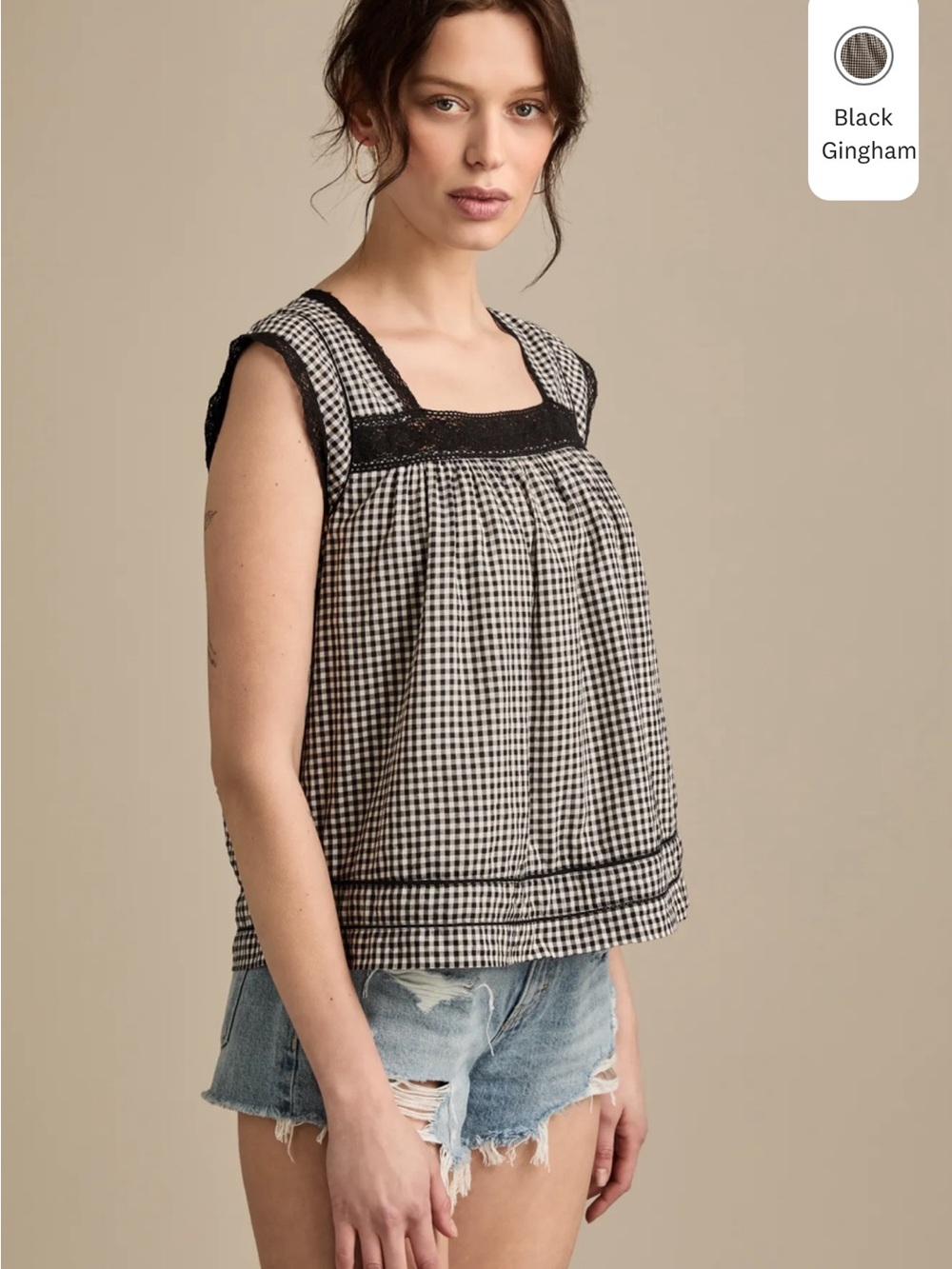 Lucky Brand Lace Trim Tank Top XXL Black Gingham Square Neck Cottagecore Boho - Picture 5 of 14